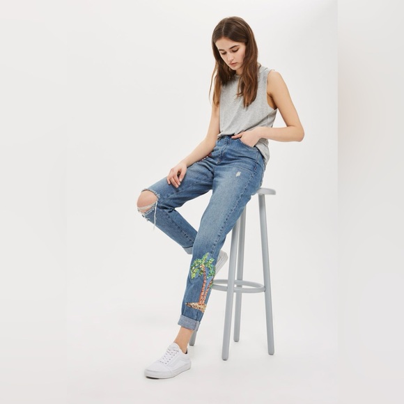 Topshop Flamingo Sequin Moto Mom Jeans Size 30 High Waisted Denim Fun Palm Tree - Picture 2 of 13